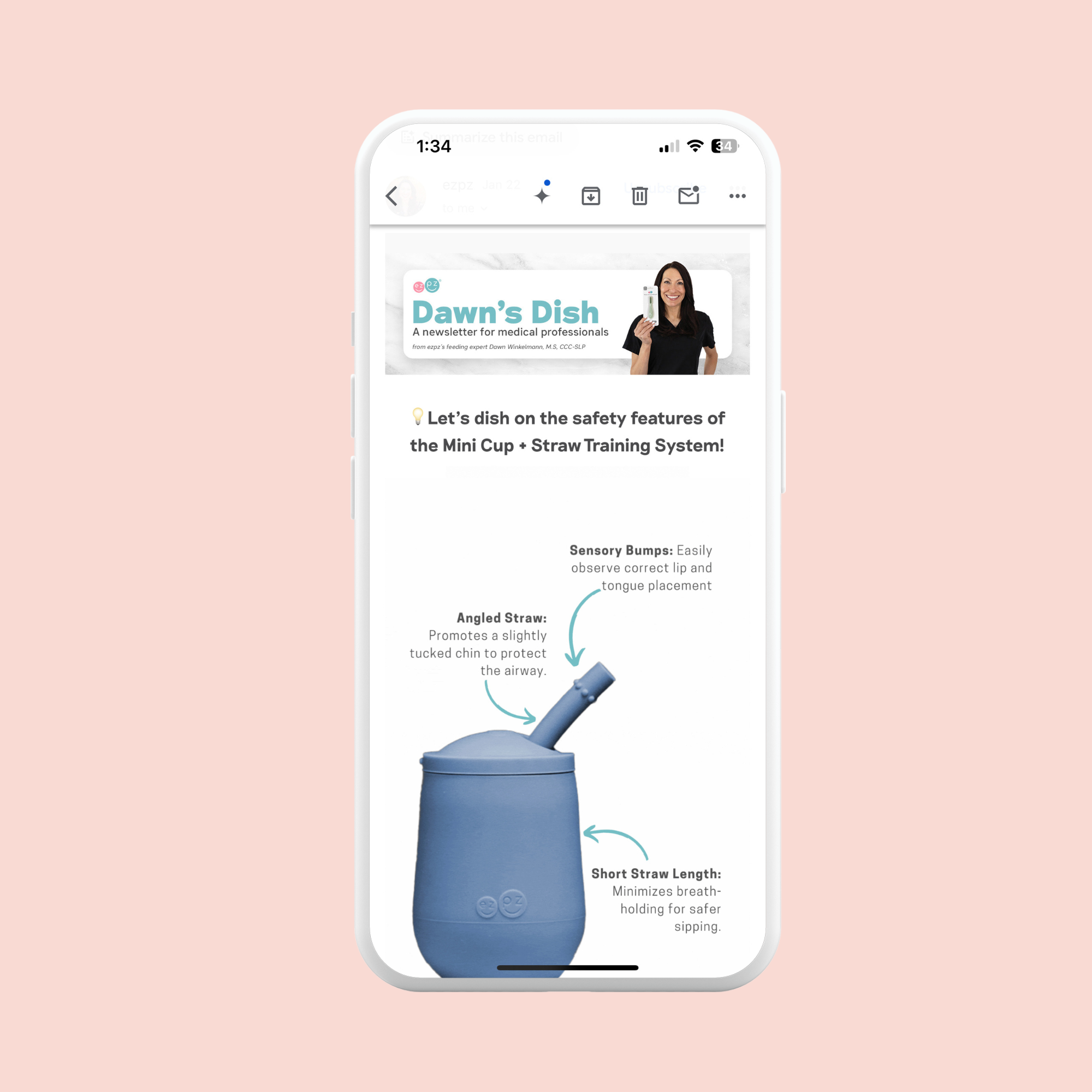 iphone showing an email, Dawn's dish. ezpz's newsletter for medial professionals