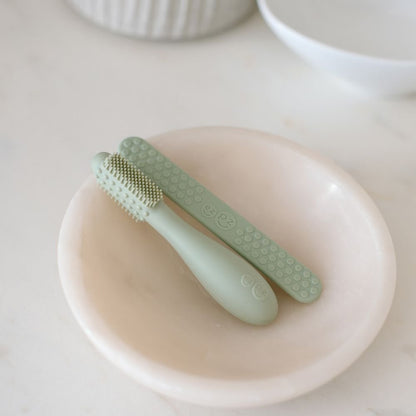 ezpz Baby-Led™ Toothbrush + Sensory Tongue Depressor Dual Pack in Sage Hip Mommies