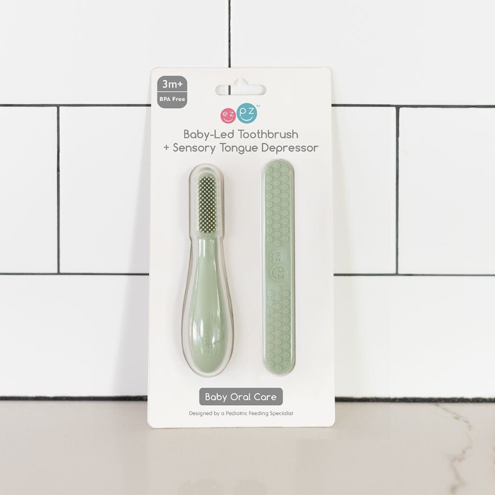 ezpz Baby-Led™ Toothbrush + Sensory Tongue Depressor Dual Pack in Sage Hip Mommies